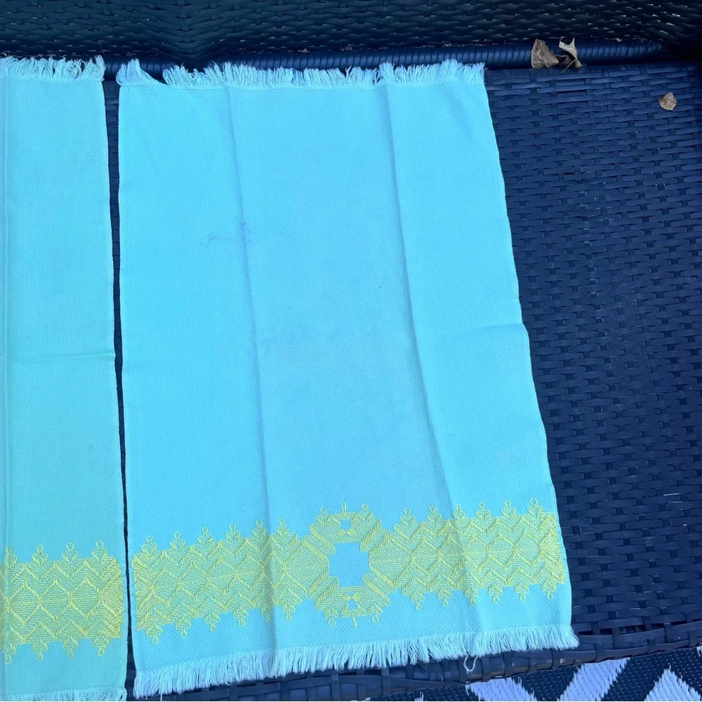 Two Vintage Tea Towels Cloth Aqua and Yellow Embroidered